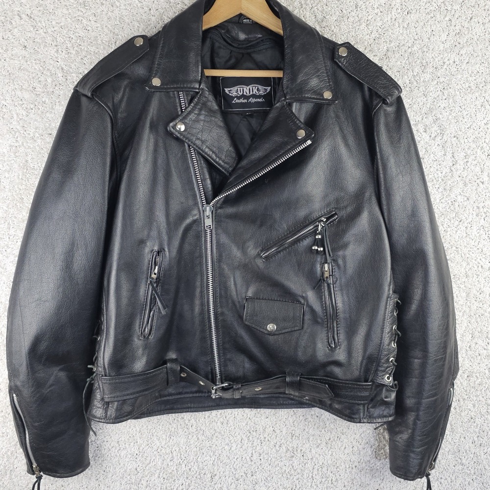 Vintage Unik Leather Motorcycle Jacket Biker Moto Black Side Laces Men's 48